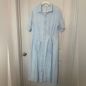 Alessandra Cotton Chambray Button Up Maxi Denim Gathered Waist Designer Dress,XL